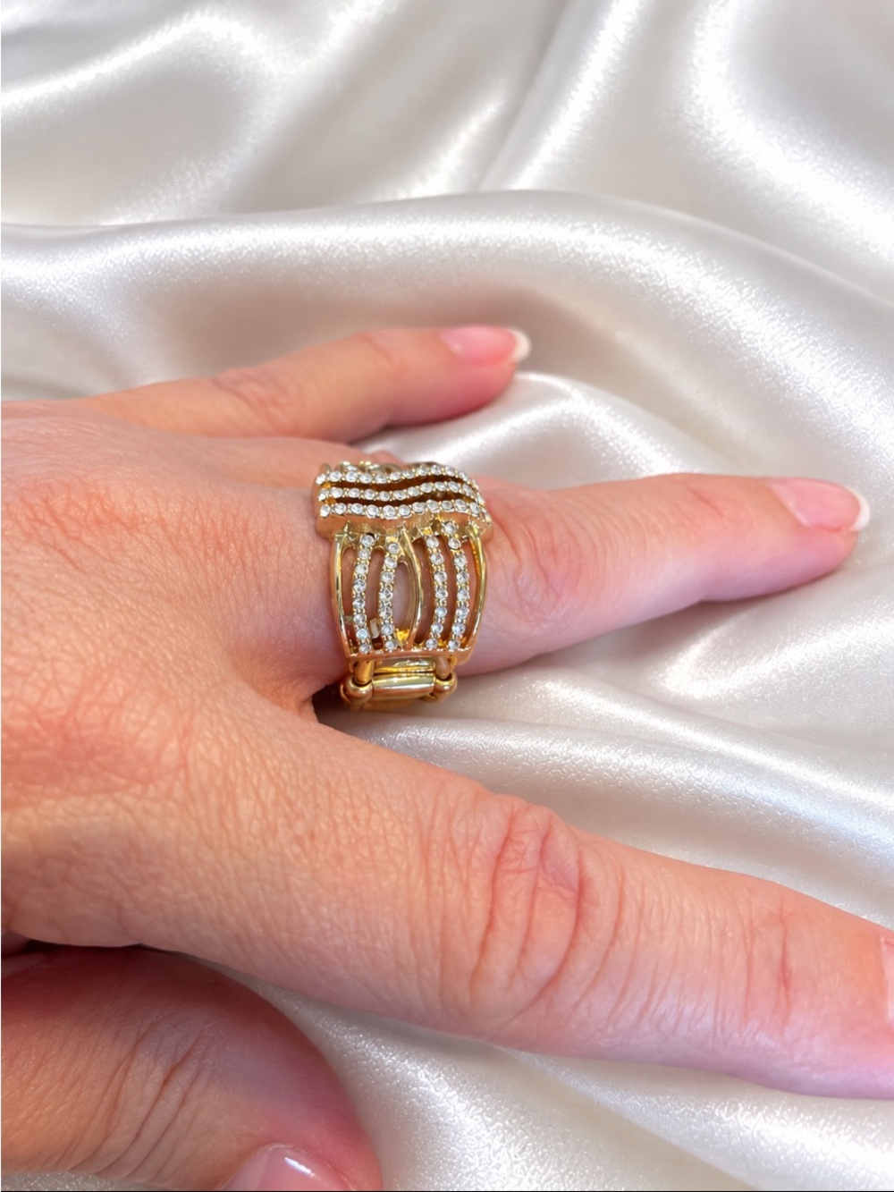 Gold Tone Rhinestone Statement Stretch Ring - Picture 2 of 3